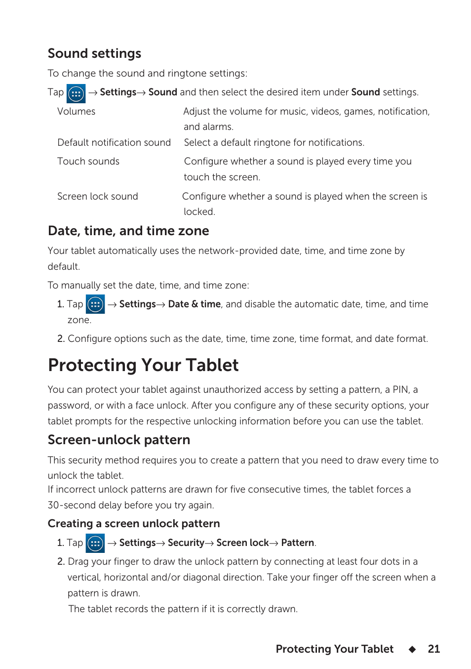 Protecting your tablet, Sound settings, Date, time, and time zone | Screen-unlock pattern | Dell Venue 7 3740 User Manual | Page 21 / 32