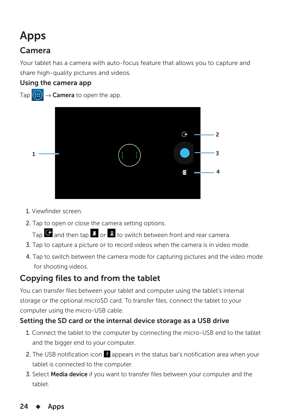 Apps, Camera, Copying files to and from the tablet | Dell Venue 7 3740 User Manual | Page 24 / 32