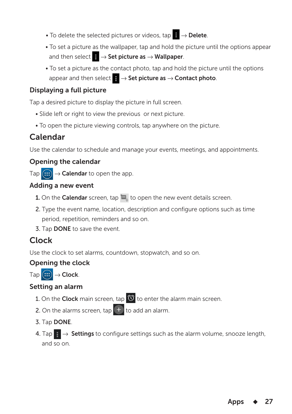 Calendar, Clock | Dell Venue 7 3740 User Manual | Page 27 / 32