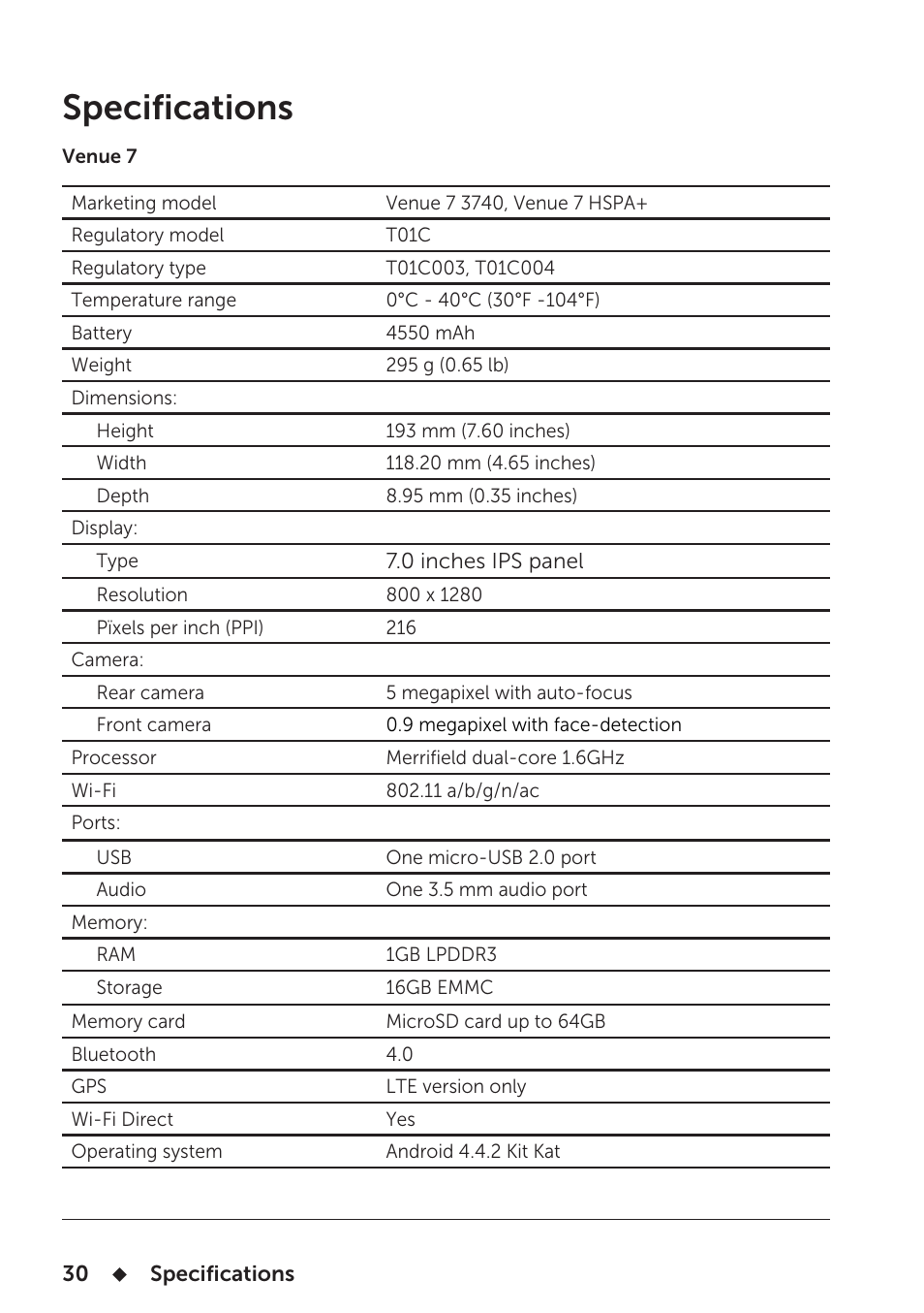 Specifications | Dell Venue 7 3740 User Manual | Page 30 / 32