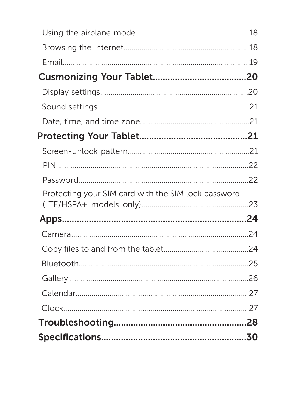 Using the airplane mode, Browsing the internet, Email | Cusmonizing your tablet, Display settings, Sound settings, Date, time, and time zone, Protecting your tablet, Screen-unlock pattern, Password | Dell Venue 7 3740 User Manual | Page 4 / 32