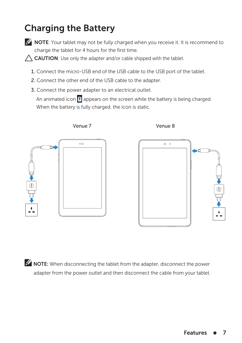 Charging the battery | Dell Venue 7 3740 User Manual | Page 7 / 32