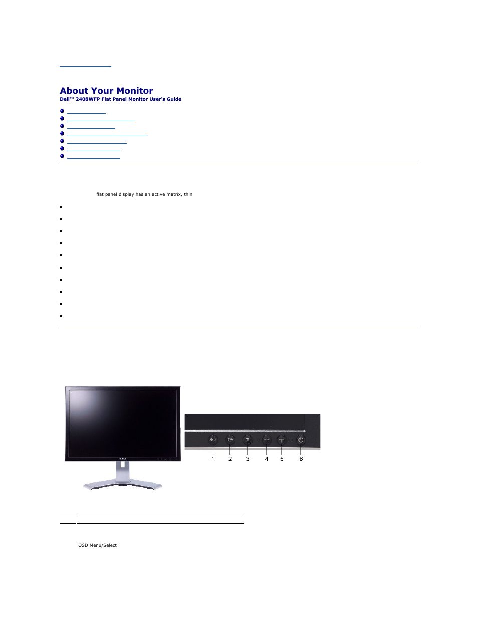 About your monitor, Product features, Identifying parts and features front view | Dell 2408WFP Monitor User Manual | Page 2 / 41
