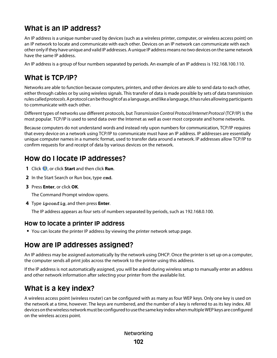 What is an ip address, What is tcp/ip, How do i locate ip addresses | How are ip addresses assigned, What is a key index | Dell V715w All In One Wireless Inkjet Printer User Manual | Page 102 / 150