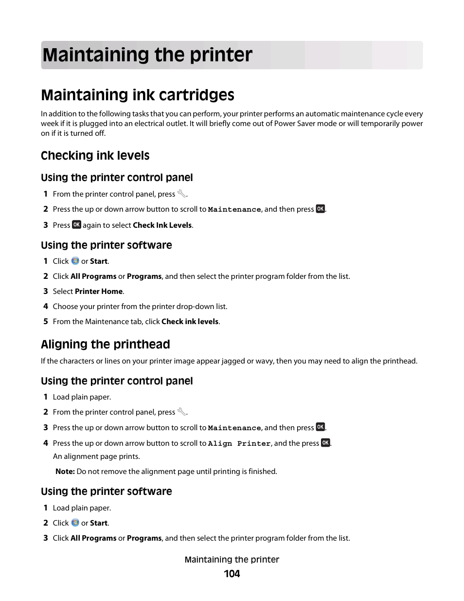 Maintaining the printer, Maintaining ink cartridges, Checking ink levels | Aligning the printhead | Dell V715w All In One Wireless Inkjet Printer User Manual | Page 104 / 150
