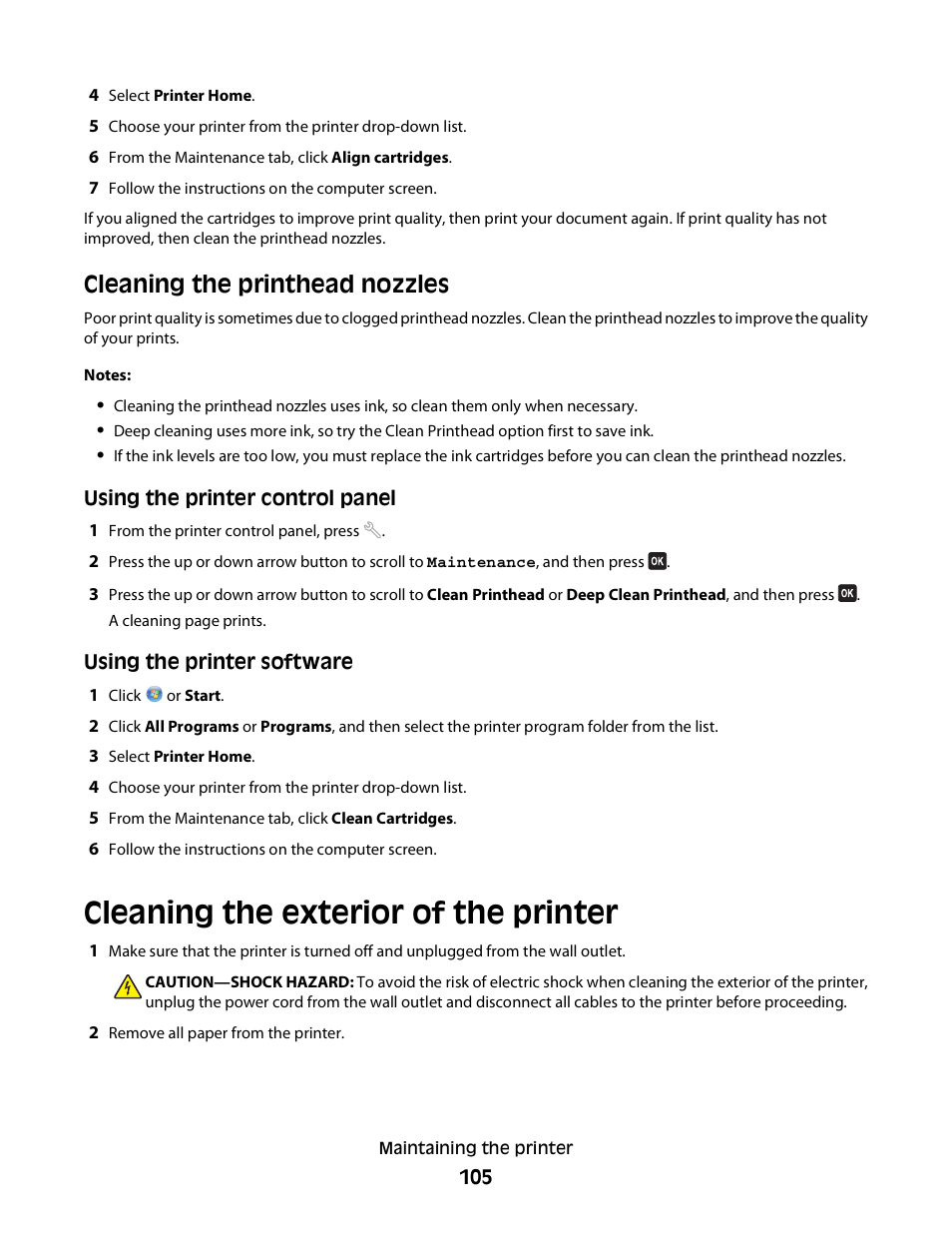 Cleaning the printhead nozzles, Cleaning the exterior of the printer | Dell V715w All In One Wireless Inkjet Printer User Manual | Page 105 / 150