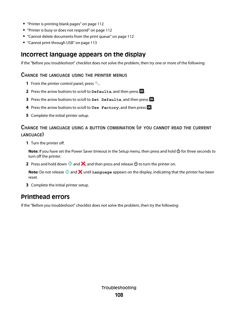 Incorrect language appears on the display, Printhead errors | Dell V715w All In One Wireless Inkjet Printer User Manual | Page 108 / 150