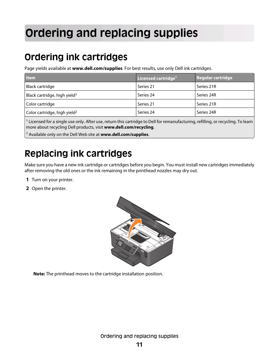 Ordering and replacing supplies, Ordering ink cartridges, Replacing ink cartridges | Dell V715w All In One Wireless Inkjet Printer User Manual | Page 11 / 150