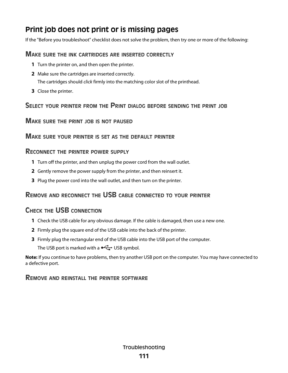 Print job does not print or is missing pages | Dell V715w All In One Wireless Inkjet Printer User Manual | Page 111 / 150