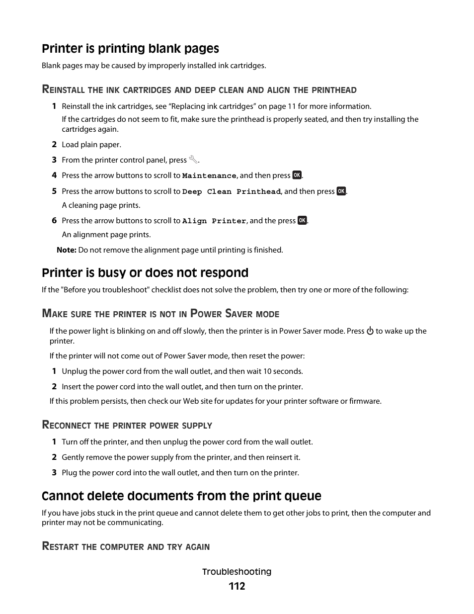 Printer is busy or does not respond, Cannot delete documents from the print queue, Printer is printing blank pages | Dell V715w All In One Wireless Inkjet Printer User Manual | Page 112 / 150