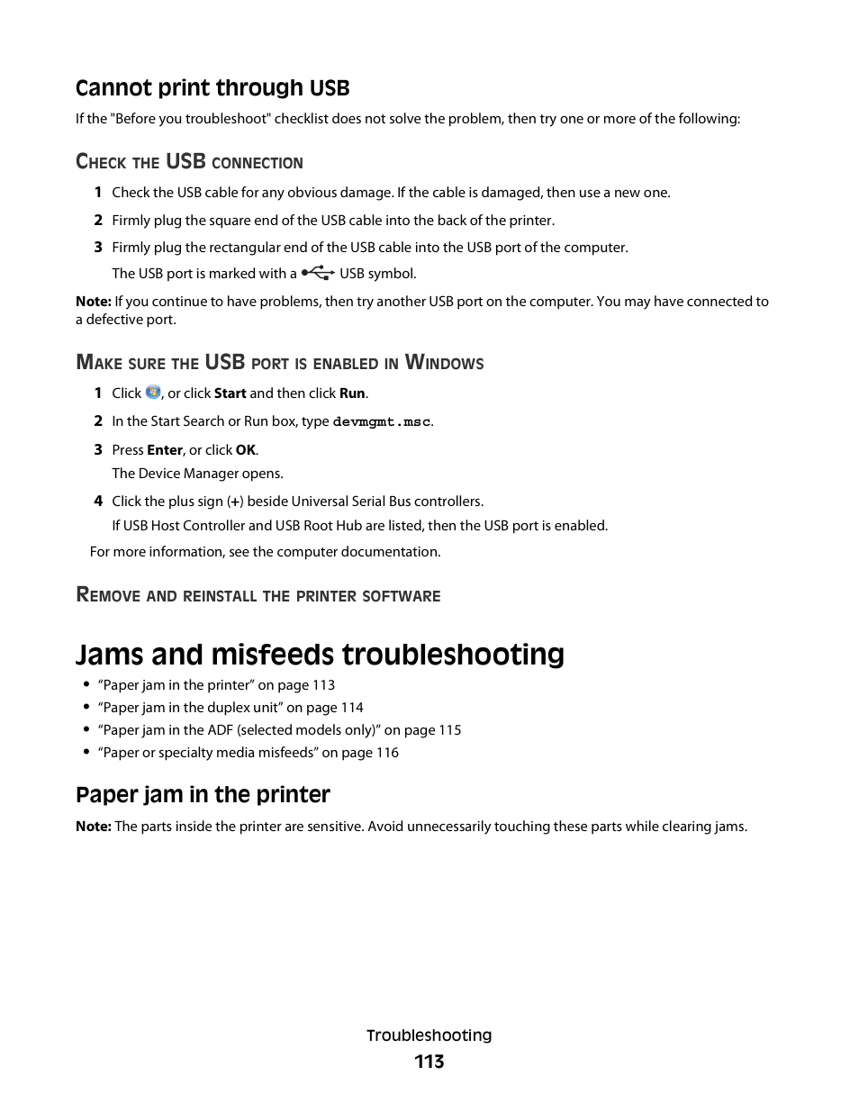 Cannot print through usb, Jams and misfeeds troubleshooting, Paper jam in the printer | Dell V715w All In One Wireless Inkjet Printer User Manual | Page 113 / 150