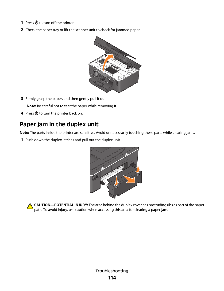 Paper jam in the duplex unit | Dell V715w All In One Wireless Inkjet Printer User Manual | Page 114 / 150