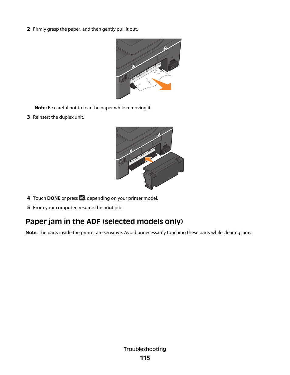 Paper jam in the adf (selected models only) | Dell V715w All In One Wireless Inkjet Printer User Manual | Page 115 / 150