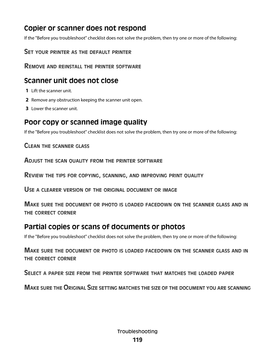 Copier or scanner does not respond, Scanner unit does not close, Poor copy or scanned image quality | Partial copies or scans of documents or photos | Dell V715w All In One Wireless Inkjet Printer User Manual | Page 119 / 150