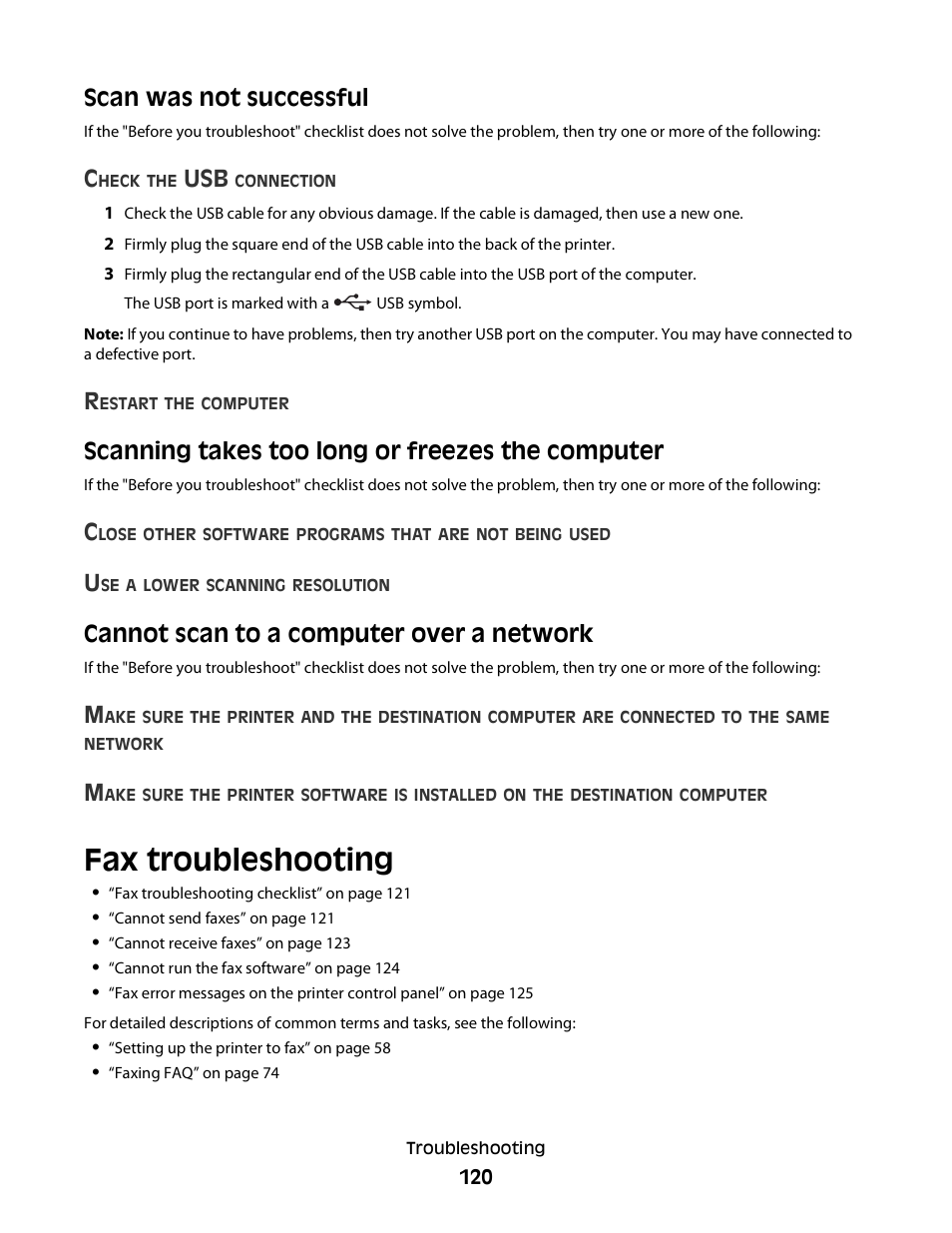 Scan was not successful, Scanning takes too long or freezes the computer, Cannot scan to a computer over a network | Fax troubleshooting | Dell V715w All In One Wireless Inkjet Printer User Manual | Page 120 / 150