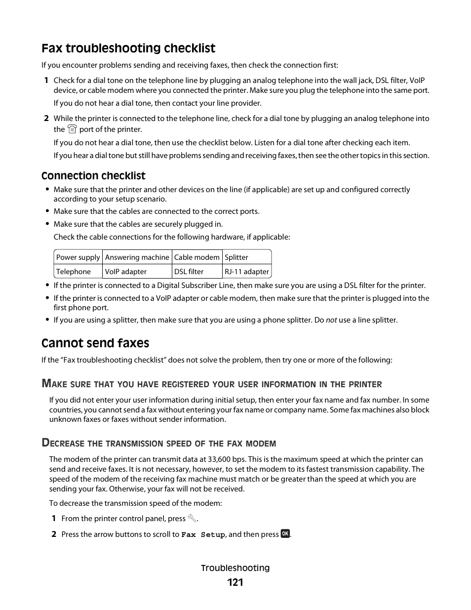 Fax troubleshooting checklist, Cannot send faxes | Dell V715w All In One Wireless Inkjet Printer User Manual | Page 121 / 150