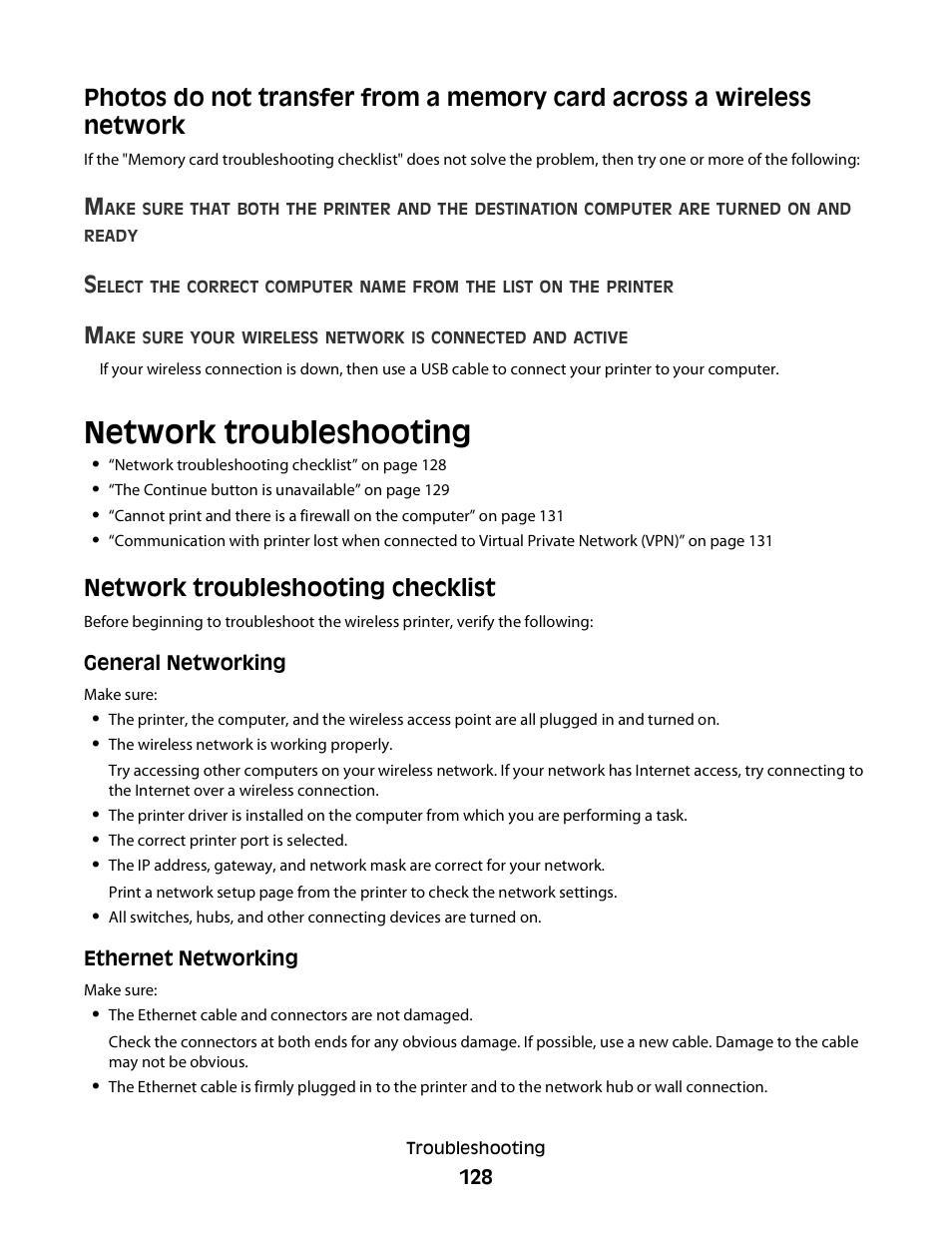 Network troubleshooting, Network troubleshooting checklist | Dell V715w All In One Wireless Inkjet Printer User Manual | Page 128 / 150