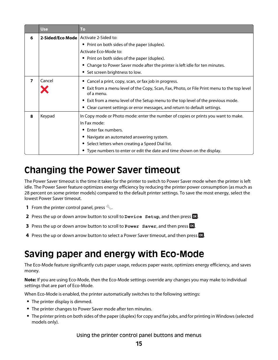 Changing the power saver timeout, Saving paper and energy with eco-mode | Dell V715w All In One Wireless Inkjet Printer User Manual | Page 15 / 150