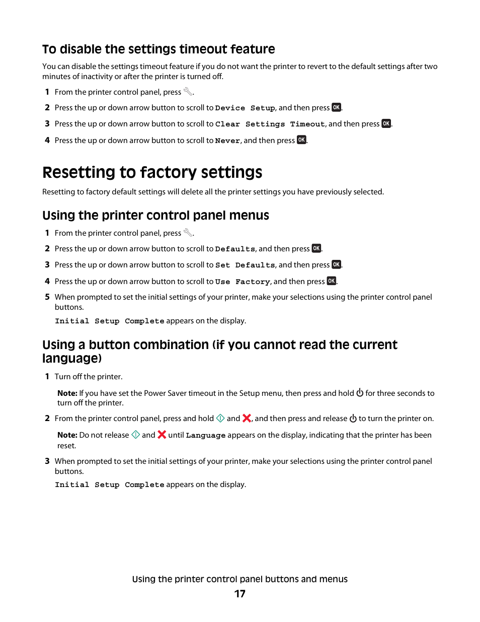 Resetting to factory settings, Using the printer control panel menus | Dell V715w All In One Wireless Inkjet Printer User Manual | Page 17 / 150