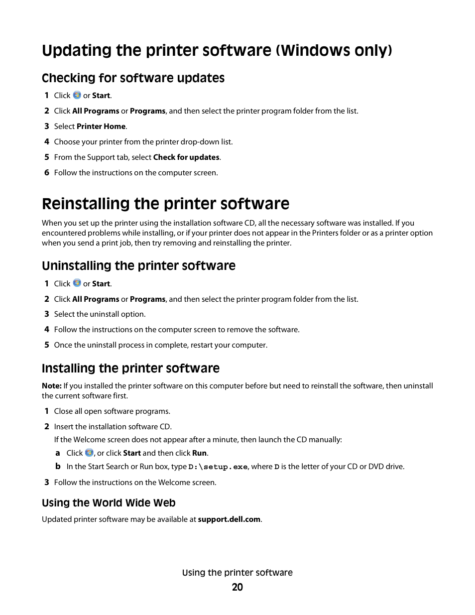 Updating the printer software (windows only), Reinstalling the printer software, Uninstalling the printer software | Installing the printer software, Checking for software updates | Dell V715w All In One Wireless Inkjet Printer User Manual | Page 20 / 150