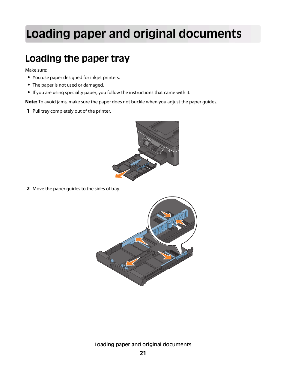 Loading paper and original documents, Loading the paper tray | Dell V715w All In One Wireless Inkjet Printer User Manual | Page 21 / 150