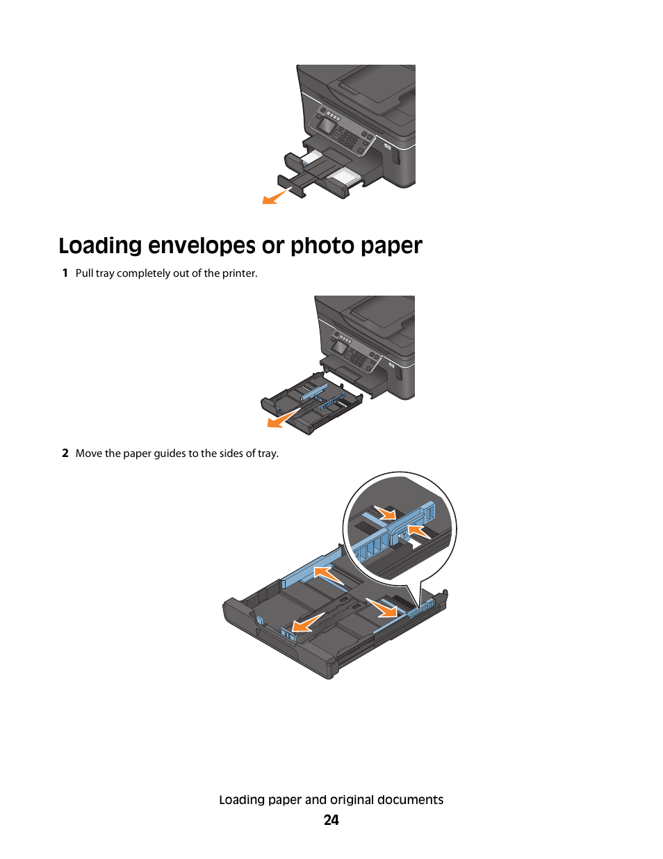 Loading envelopes or photo paper | Dell V715w All In One Wireless Inkjet Printer User Manual | Page 24 / 150