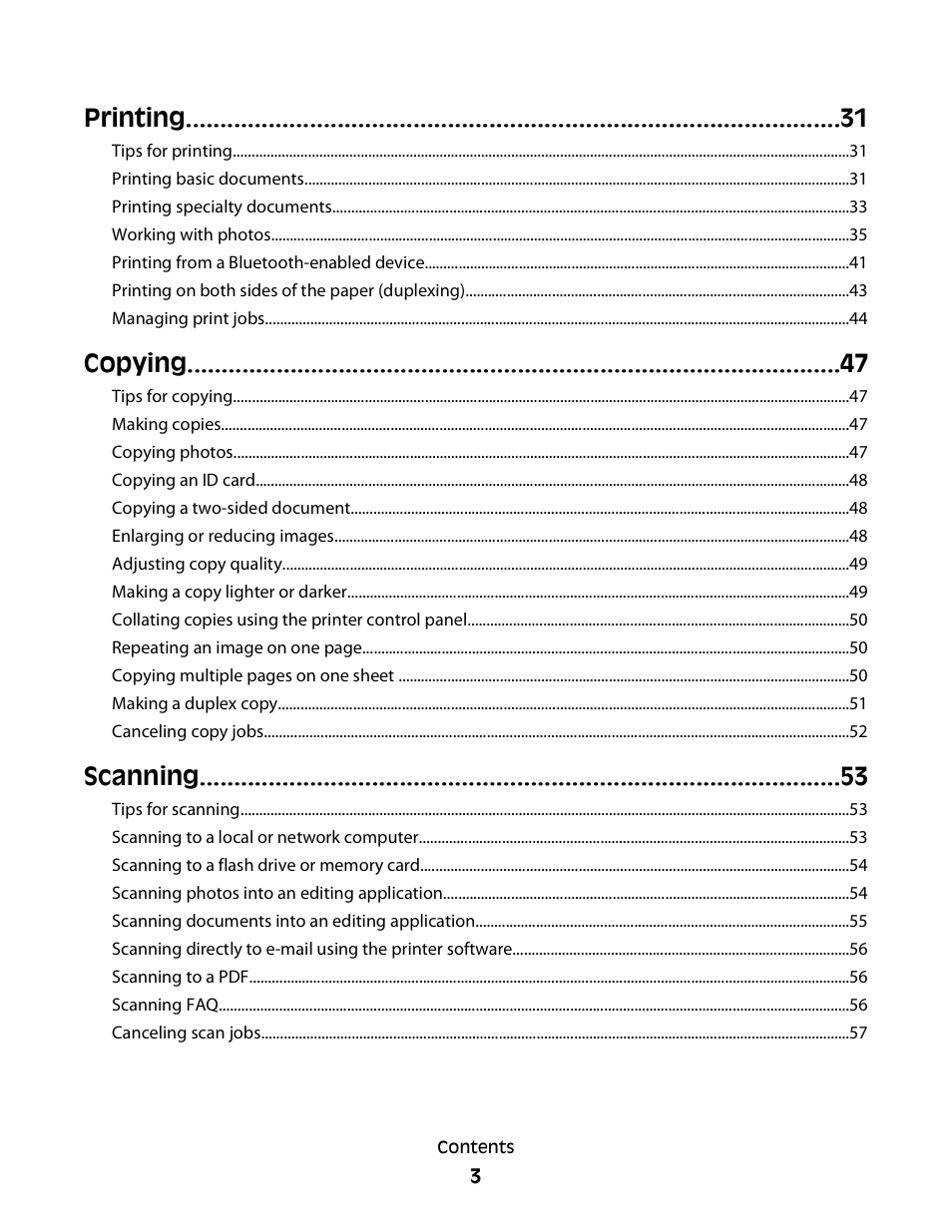 Printing, Copying, Scanning | Dell V715w All In One Wireless Inkjet Printer User Manual | Page 3 / 150