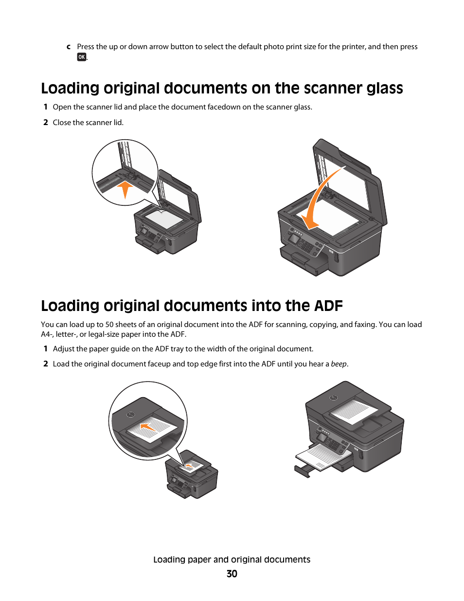 Loading original documents on the scanner glass, Loading original documents into the adf | Dell V715w All In One Wireless Inkjet Printer User Manual | Page 30 / 150