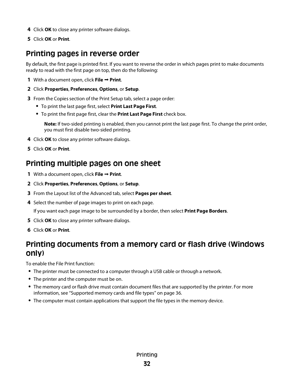 Printing pages in reverse order, Printing multiple pages on one sheet | Dell V715w All In One Wireless Inkjet Printer User Manual | Page 32 / 150