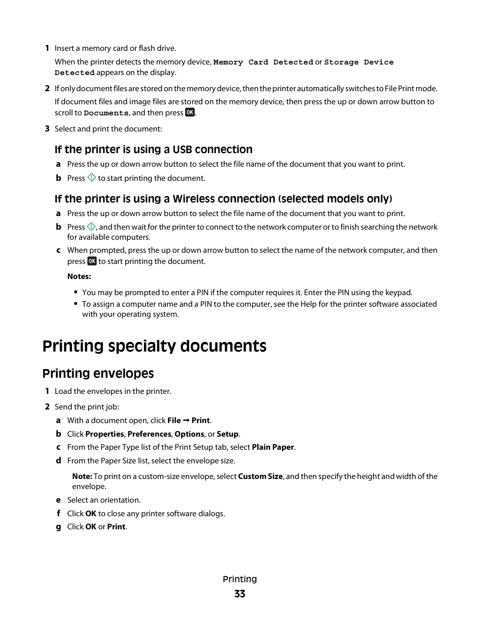 Printing specialty documents, Printing envelopes | Dell V715w All In One Wireless Inkjet Printer User Manual | Page 33 / 150
