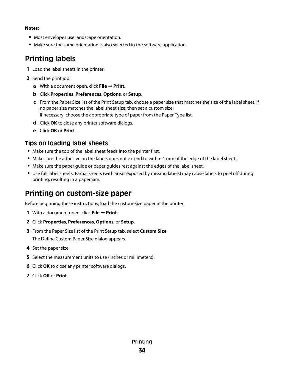 Printing labels, Printing on custom-size paper | Dell V715w All In One Wireless Inkjet Printer User Manual | Page 34 / 150