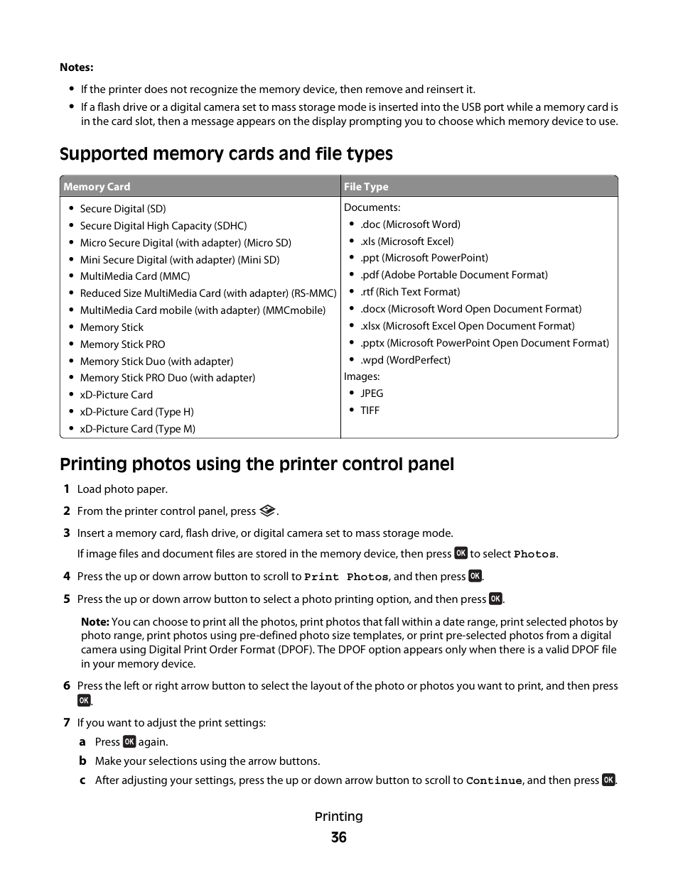Supported memory cards and file types, Printing photos using the printer control panel | Dell V715w All In One Wireless Inkjet Printer User Manual | Page 36 / 150