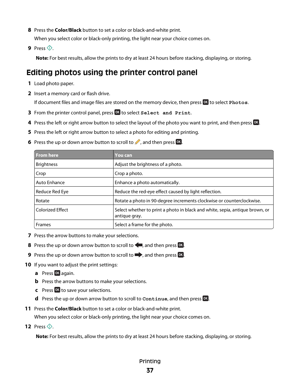 Editing photos using the printer control panel | Dell V715w All In One Wireless Inkjet Printer User Manual | Page 37 / 150