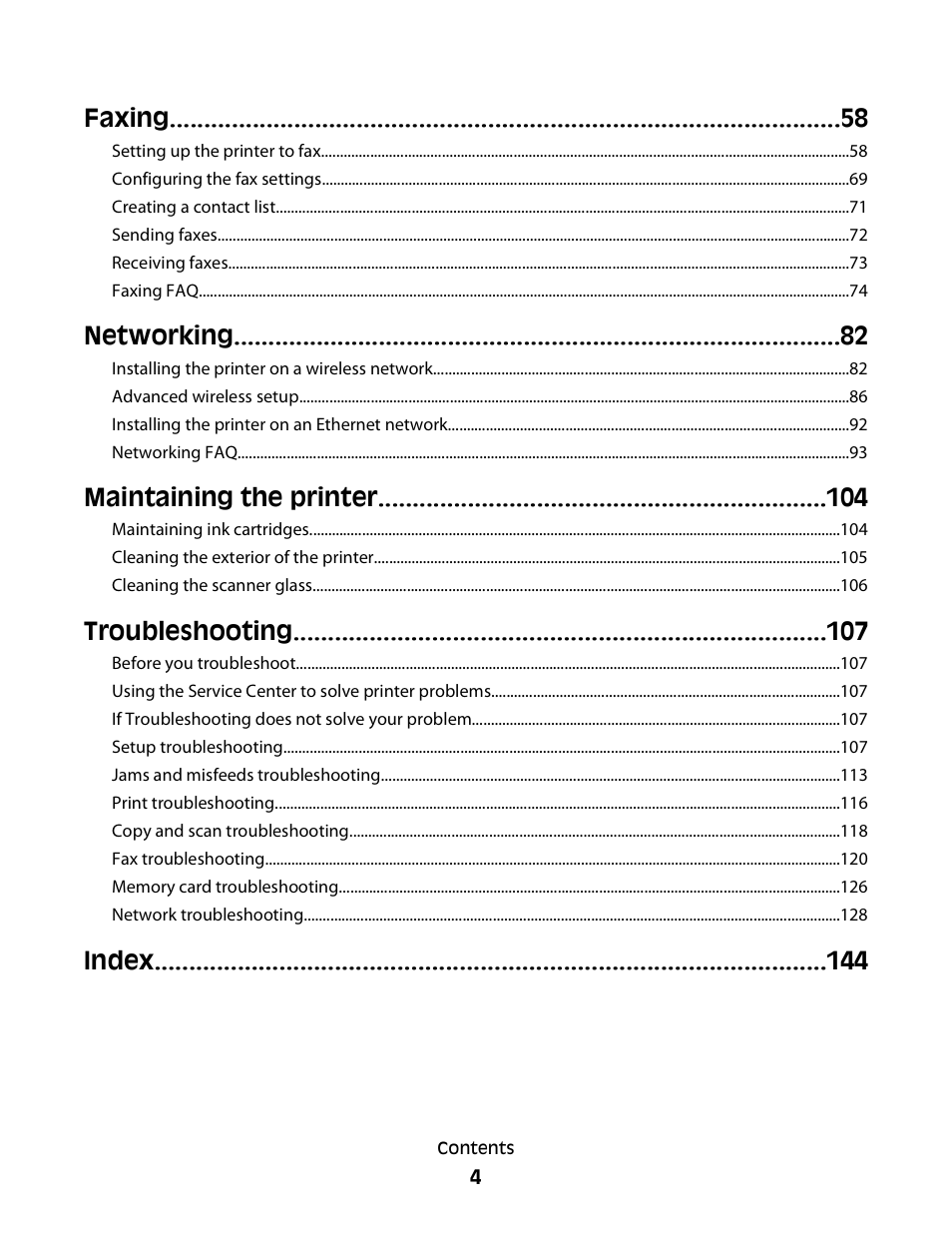 Faxing, Networking, Maintaining the printer | Troubleshooting, Index | Dell V715w All In One Wireless Inkjet Printer User Manual | Page 4 / 150