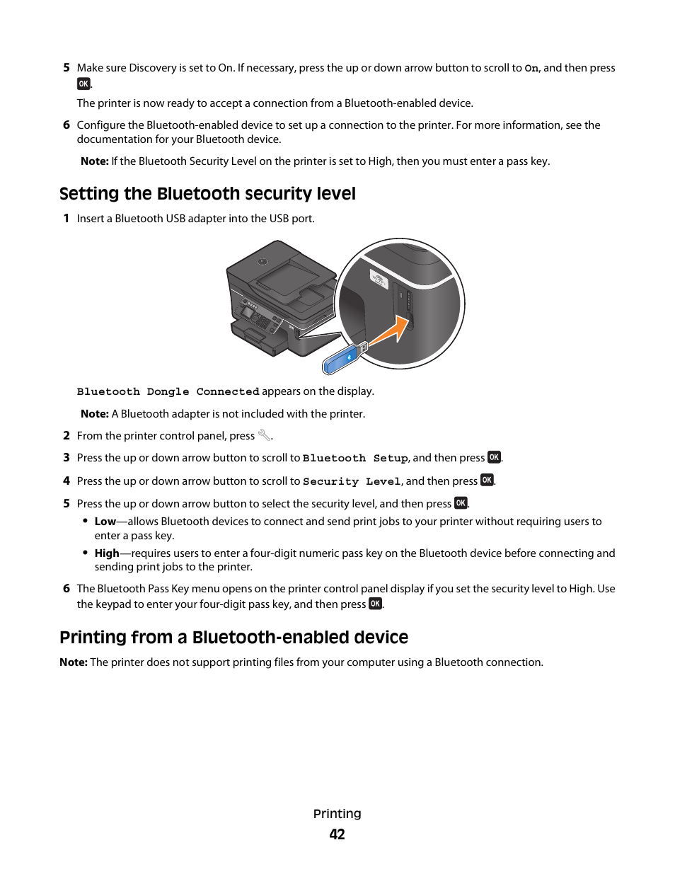 Setting the bluetooth security level, Printing from a bluetooth-enabled device | Dell V715w All In One Wireless Inkjet Printer User Manual | Page 42 / 150