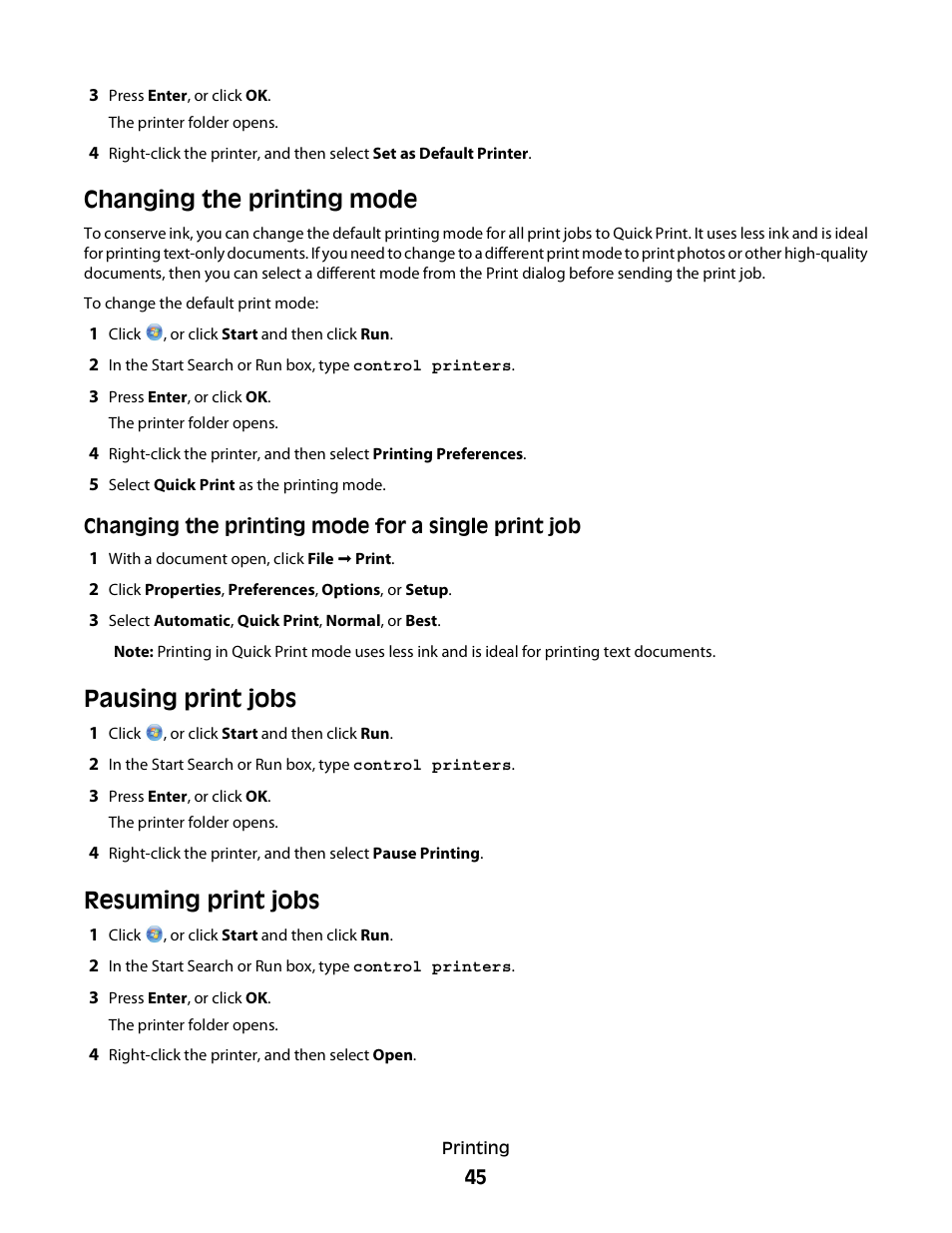 Changing the printing mode, Pausing print jobs, Resuming print jobs | Dell V715w All In One Wireless Inkjet Printer User Manual | Page 45 / 150