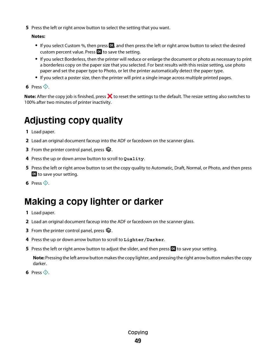 Adjusting copy quality, Making a copy lighter or darker | Dell V715w All In One Wireless Inkjet Printer User Manual | Page 49 / 150