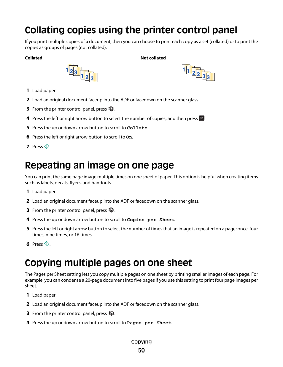 Collating copies using the printer control panel, Repeating an image on one page, Copying multiple pages on one sheet | Dell V715w All In One Wireless Inkjet Printer User Manual | Page 50 / 150