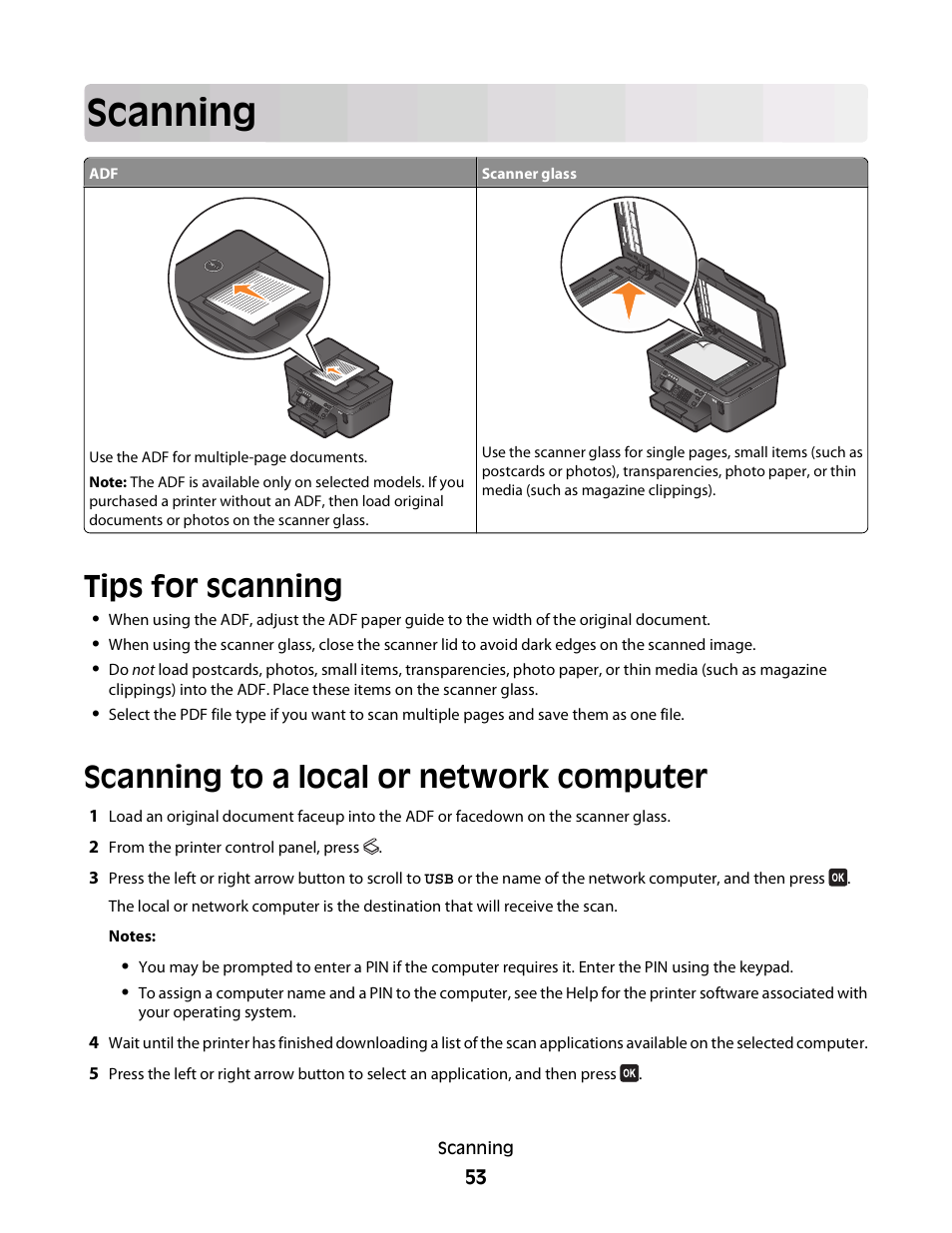 Scanning, Tips for scanning, Scanning to a local or network computer | Dell V715w All In One Wireless Inkjet Printer User Manual | Page 53 / 150