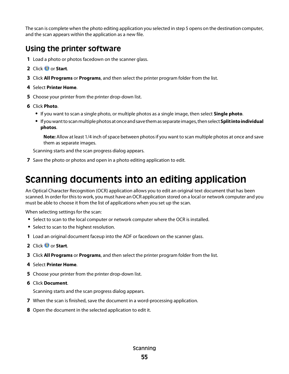 Scanning documents into an editing application, Using the printer software | Dell V715w All In One Wireless Inkjet Printer User Manual | Page 55 / 150