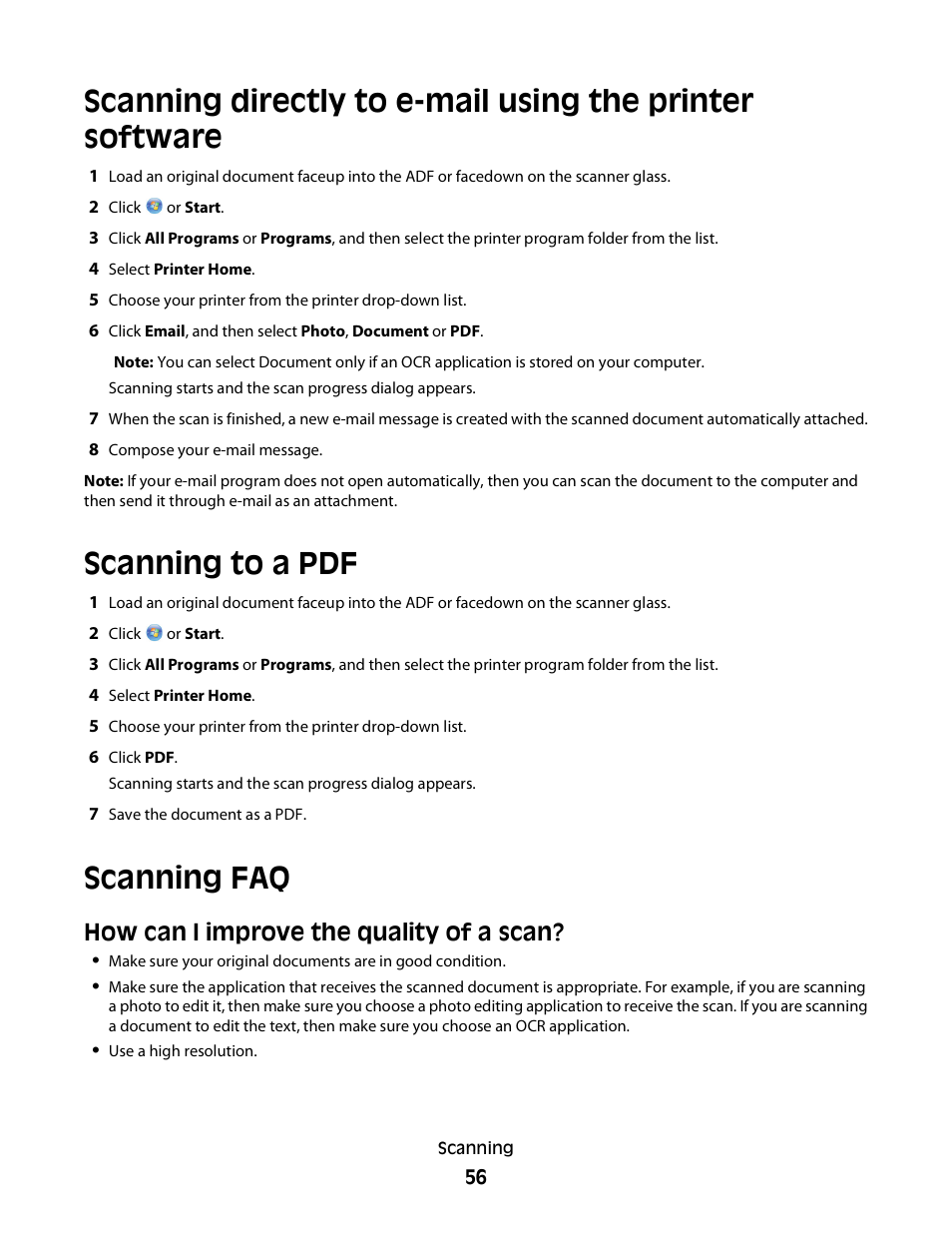Scanning to a pdf, Scanning faq, How can i improve the quality of a scan | Dell V715w All In One Wireless Inkjet Printer User Manual | Page 56 / 150