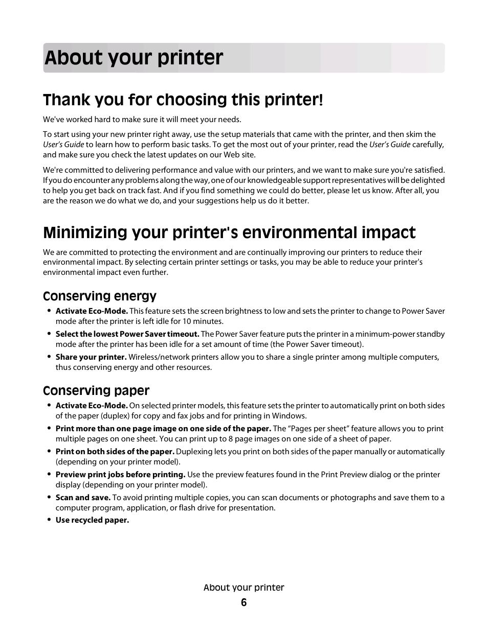About your printer, Thank you for choosing this printer, Minimizing your printer's environmental impact | Conserving energy, Conserving paper | Dell V715w All In One Wireless Inkjet Printer User Manual | Page 6 / 150