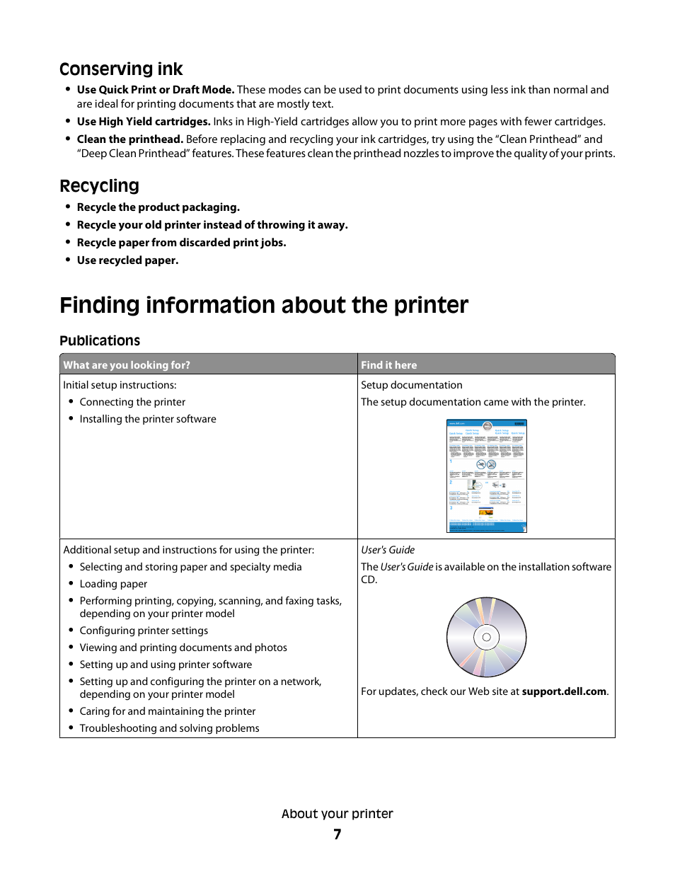 Finding information about the printer, Conserving ink, Recycling | Dell V715w All In One Wireless Inkjet Printer User Manual | Page 7 / 150