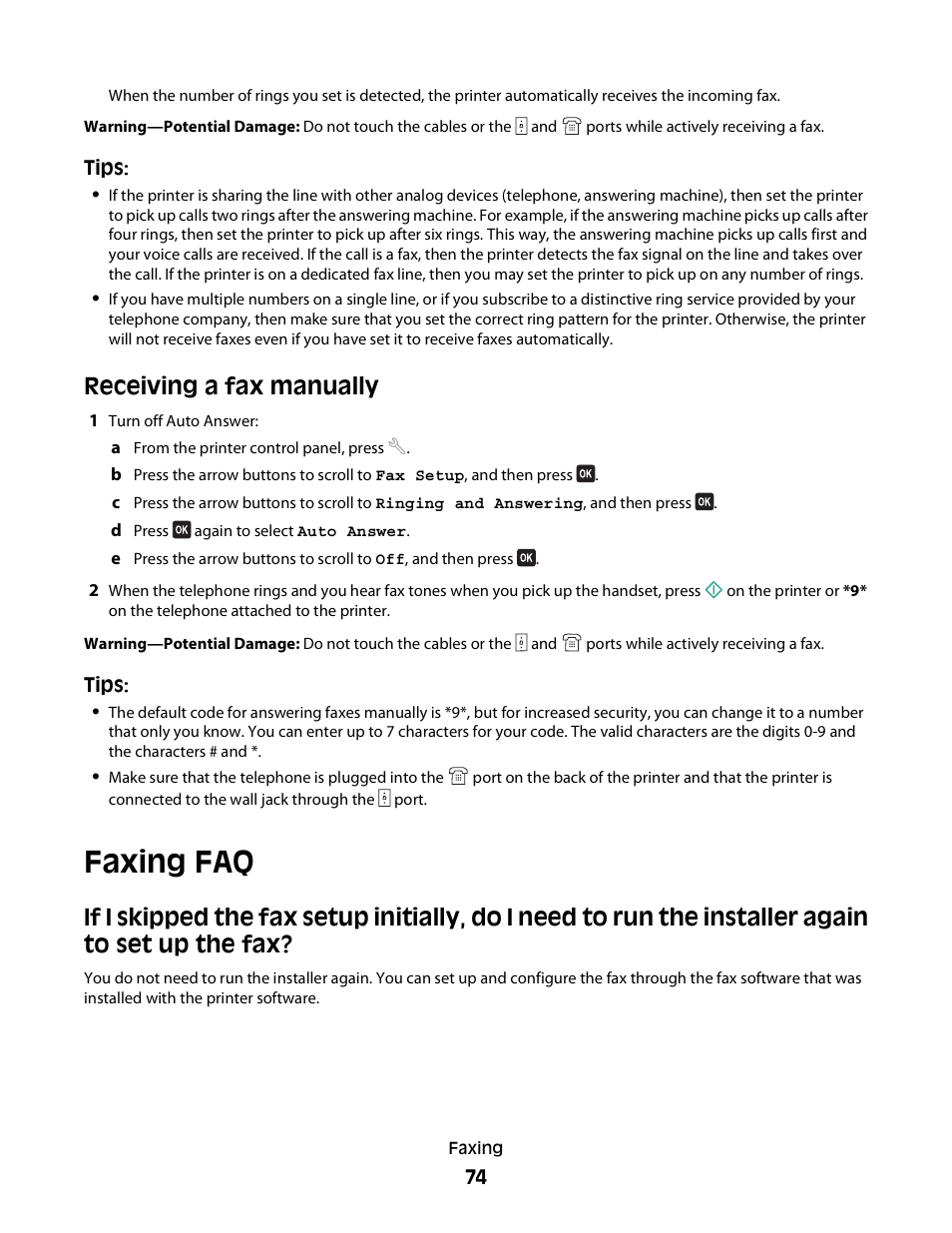 Receiving a fax manually, Faxing faq | Dell V715w All In One Wireless Inkjet Printer User Manual | Page 74 / 150