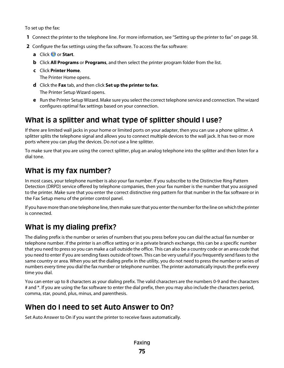 What is my fax number, What is my dialing prefix, When do i need to set auto answer to on | Dell V715w All In One Wireless Inkjet Printer User Manual | Page 75 / 150