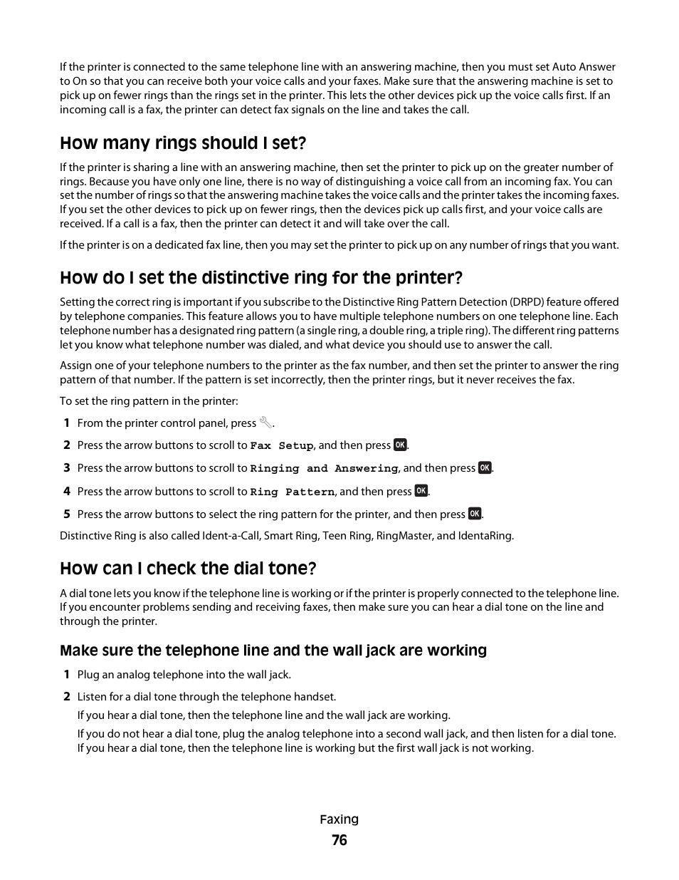 How many rings should i set, How do i set the distinctive ring for the printer, How can i check the dial tone | Dell V715w All In One Wireless Inkjet Printer User Manual | Page 76 / 150