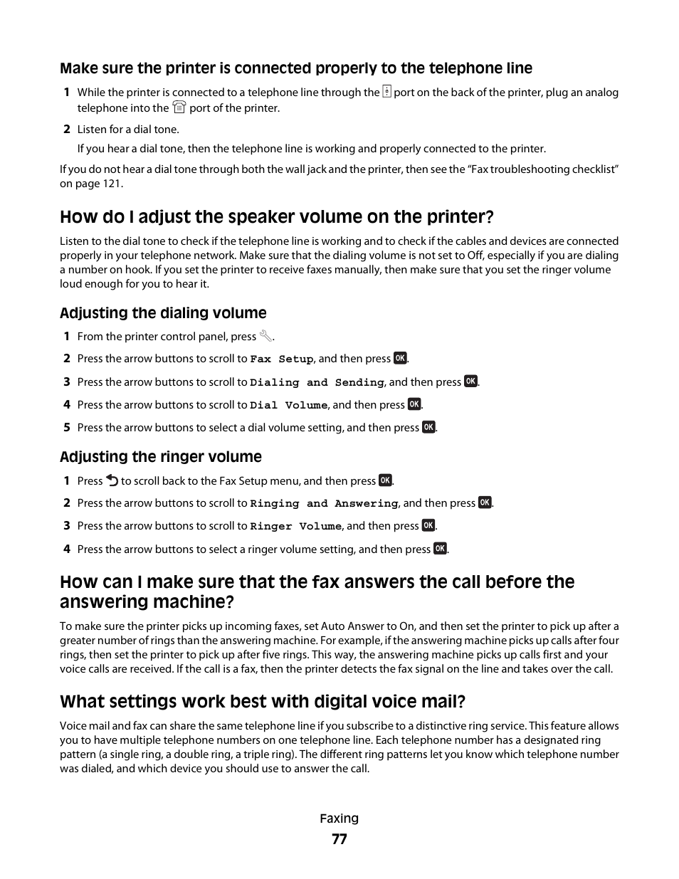 How do i adjust the speaker volume on the printer, What settings work best with digital voice mail | Dell V715w All In One Wireless Inkjet Printer User Manual | Page 77 / 150