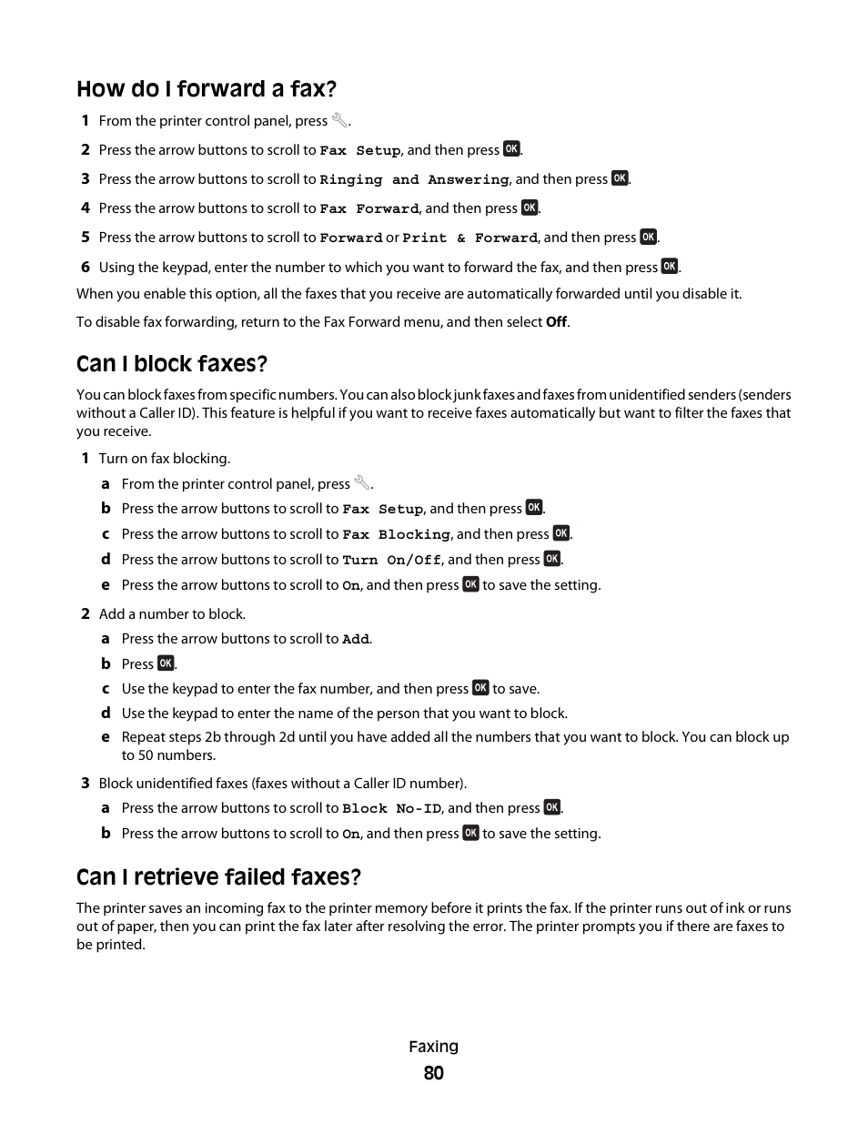 How do i forward a fax, Can i block faxes, Can i retrieve failed faxes | Dell V715w All In One Wireless Inkjet Printer User Manual | Page 80 / 150