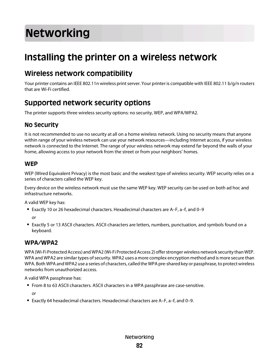 Networking, Installing the printer on a wireless network, Wireless network compatibility | Supported network security options | Dell V715w All In One Wireless Inkjet Printer User Manual | Page 82 / 150