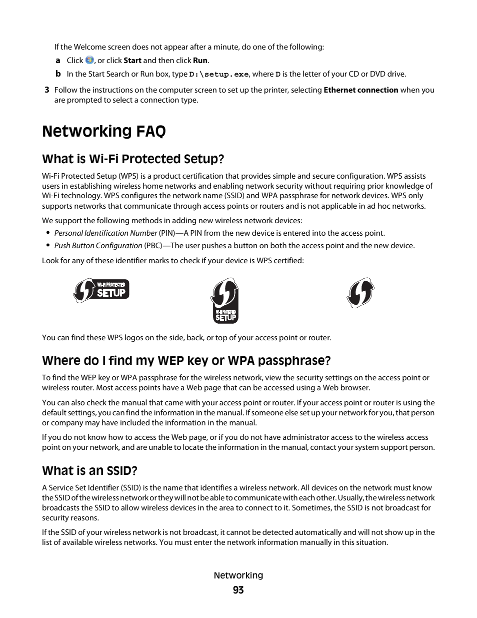 Networking faq, What is wi-fi protected setup, Where do i find my wep key or wpa passphrase | What is an ssid | Dell V715w All In One Wireless Inkjet Printer User Manual | Page 93 / 150